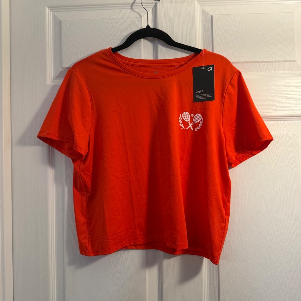 GapFit Tennis Graphic Tee Orange Large Crop Athletic Pickleball Workout T-Shirt